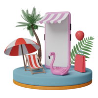 podio de escenario cilíndrico con frente de tienda de teléfono móvil o smartphone, silla de playa, flamingo inflable, hoja de palma, bolsas de papel de compras, concepto de venta de verano de compras en línea, ilustración 3d o presentación 3d png