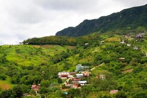 muchas casas o casas construidas se organizan en una montaña verde con fondo de cielo. pueblo en la colina al norte de tailandia. estructura de construcción entre bosque tropical o selva. la gente vive en la naturaleza. paisaje foto