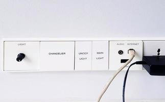 Close up switch panel with light switch, internet connection, audio, HDMI and AC outlet plug installed on white wall with copy space. Control device and Technology concept. photo