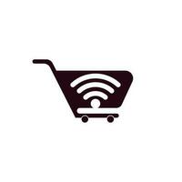 diseño de logotipo wifi y carro. plantilla de diseños de logotipo de tienda en línea. concepto de diseño de logotipo de combinación de icono de carrito de compras y wifi vector