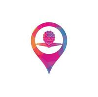 diseño del logotipo del concepto de forma de pin del mapa del cerebro del libro. concepto de logotipo de combinación de libro y cerebro vector