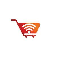 diseño de logotipo wifi y carro. plantilla de diseños de logotipo de tienda en línea. concepto de diseño de logotipo de combinación de icono de carrito de compras y wifi vector