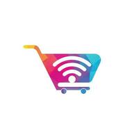 diseño de logotipo wifi y carro. plantilla de diseños de logotipo de tienda en línea. concepto de diseño de logotipo de combinación de icono de carrito de compras y wifi vector