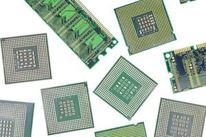 Bunch of CPU, central processor units and RAM, random-access memory, isolated background photo