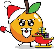 cute christmas orange fruit mascot vector with saint clouse gift train