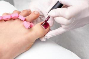 Pedicurist painting red nail polish on female toenail photo