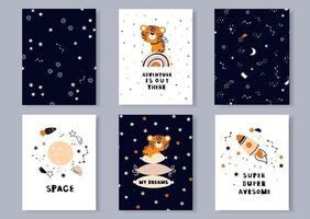 A set of posters with space in the Scandinavian style. Leopard on the rainbow. Cute animal cards vector