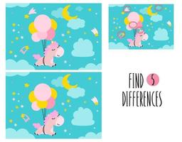 A training worksheet with a unicorn in the sky. Find 5 differences vector