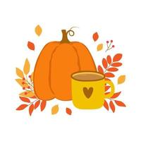 Cup of tea, autumn leaves, berries and pumpkin. Template for cozy autumn design. vector