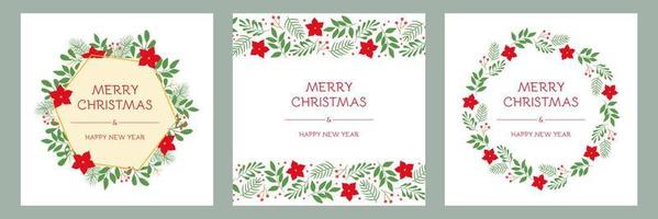 Set of holidays greeting cards with floral Christmas ornaments and frames. Winter twigs and poinsettia flowers. vector