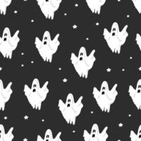 Seamless pattern with ghost on black background. Cute halloween white ghost. Vector illustration of halloween party. Childish background for fabric, wrapping paper, textile