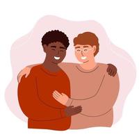 Two men of different skin colors. The concept of friendship, equality, rights. Vector graphics.