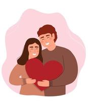 A couple in love with a heart in their hands. A man and a woman love each other, are happy together. Vector graphics.