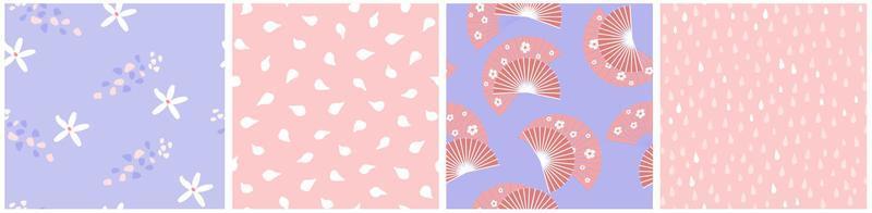 A set of seamless patterns with flowers, petals, abstract shapes. Print with a Japanese fan. Spring delicate natural ornament. Vector graphics.