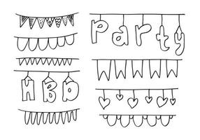 Hand drawn doodle bunting flags and garlands isolated on white background. vector