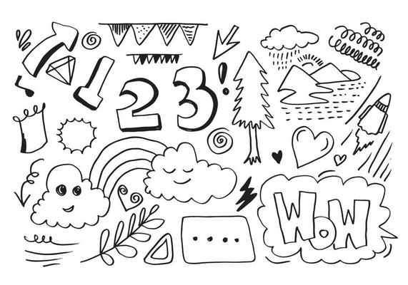 hand-drawn kids doodle set on white background.