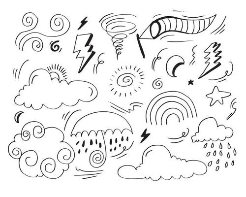Weather Doodle Vector Set illustration with hand drawn line art style vector