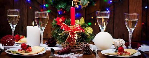 Traditional dishware on Christmas table. Banner photo