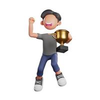 3d man as a winner holding a golden trophy photo