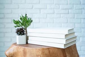 stack of white blank books for mockup and white succulent pots on wooden modern table photo