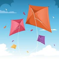 Cartoon kites. Wind flying toy with ribbon and tail for kids. Makar Sankranti. Butterfly, fish and rainbow kite shape and design, vector set. Illustration wind kite game, summer flying toy