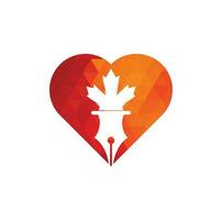 Pen and red maple leaf heart shape concept logo vector. Education Logo vector