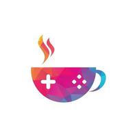 logotipo de la cafetería del juego. botón de juego en la taza de café con tipografía vector