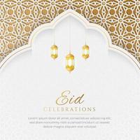 eid mubarak fondo de lujo blanco y dorado con arco islámico decorativo y linternas vector