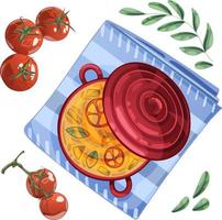 A red pot with soup inside stands on a blue towel. Ingredients for the dish around, tomatoes, bay leaf vector