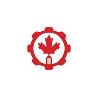 diseño de concepto de logotipo de concepto de forma de engranaje de comida canadiense. concepto de logotipo de restaurante de comida canadiense. icono de hoja y tenedor de arce vector