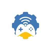Game wifi gear shape concept logo design template vector. joystick and wifi logo combination. Gamepad and signal symbol or icon vector