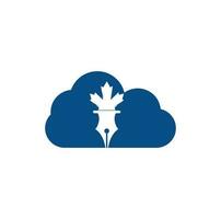 pluma y vector de logotipo de concepto de forma de nube de hoja de arce rojo. logotipo de educación