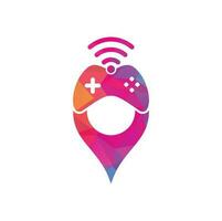 vector de plantilla de diseño de logotipo de concepto de forma de pin de mapa wifi de juego. combinación de joystick y logo wifi. gamepad y símbolo o icono de señal