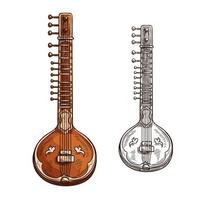 vector, bosquejo, sitar, instrumento musical, icono vector