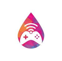 vector de plantilla de diseño de logotipo de concepto de forma de gota wifi de juego. combinación de joystick y logo wifi. gamepad y símbolo o icono de señal