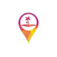 plantilla de diseño de logotipo de concepto de forma de pin de mapa de libro y palmera. libro con plantilla de vector de símbolo de diseño de logotipo de palmera