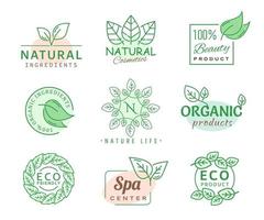 Green leaf icons, organic cosmetics, eco products vector