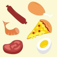 fast food collection flat design, pizza, sausage, taco, bread, meat and etc