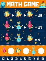 Cartoon robots and droids math game worksheet vector