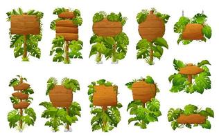 Wooden signs and boards in tropical jungle leaves vector