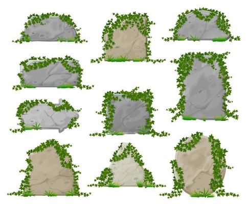 Cartoon stone boards in ivy leaves, rock blocks
