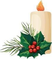 Christmas candle with holly and pine branches, burning candle in cartoon style vector