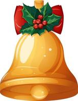 Golden bell with red bow and mistletoe, Christmas bell in cartoon style vector