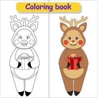 caricatura, navidad, venado bebé, con, regalo, contorno, y, en, color, para, niños, colorido, libros vector