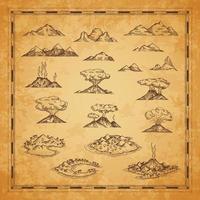 Vintage map islands, mountains, volcanoes sketches vector