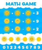 Math game worksheet with cartoon sun characters vector