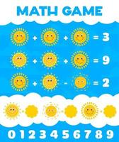 Math game worksheet with cartoon sun characters vector