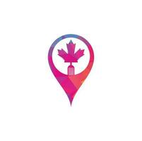 Canadian food map pin shape concept logo concept design. Canadian food restaurant logo concept. Maple leaf and fork icon vector