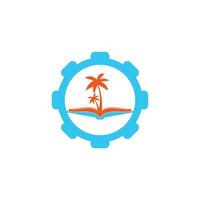 Book and palm tree gear shape concept logo design template. Book with palm tree logo design symbol vector template