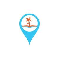 Book and palm tree map pin shape concept logo design template. Book with palm tree logo design symbol vector template